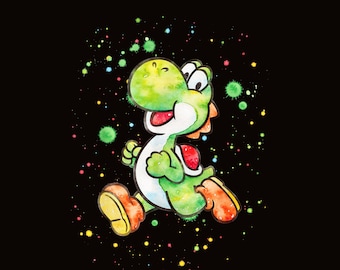 Super Mario Yoshi Aquarell Splatter Portrait - Artistic Gaming PNG (Instant Download)