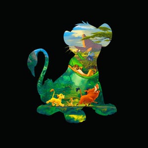 May include: A colourful illustration featuring characters from The Lion King, including Simba, Timon, and Pumbaa, set against a vibrant jungle and savanna backdrop. The image is in the shape of a lion.