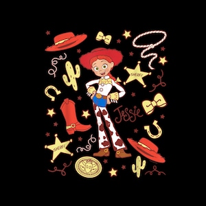 May include: Illustration of Jessie from Toy Story, a cowgirl with red hair and a white shirt, blue jeans, and cow-print pants. The image includes cowboy boots, hats, sheriff badges, and the name "Jessie".