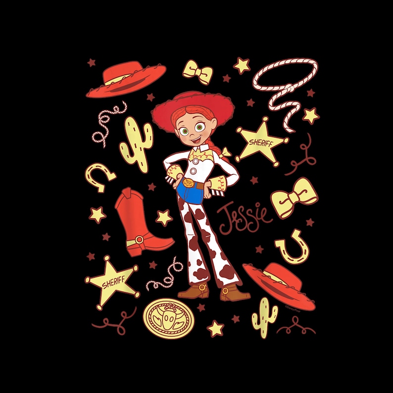 May include: Illustration of Jessie from Toy Story, a cowgirl with red hair and a white shirt, blue jeans, and cow-print pants. The image includes cowboy boots, hats, sheriff badges, and the name "Jessie".