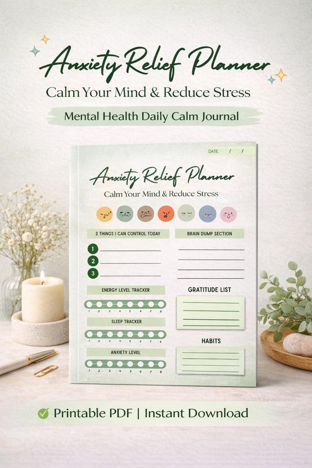 Anxiety Relief Planner Printable PDF | Daily Calm Journal for Mental ...
