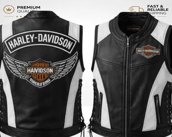 Gilet da motociclista in pelle bianco e nero stile Harley Davidson, gilet da motociclista vintage, giacca senza maniche in vera pelle / Salaar International
