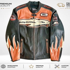 Harley Davidson Leather Flames Jacket - Etsy
