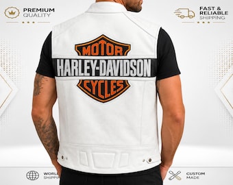 Harley Davidson Style Motorcycle White Leather Vest, Vintage Rider Vest, Genuine Leather Sleeveless Jacket | Salaar International