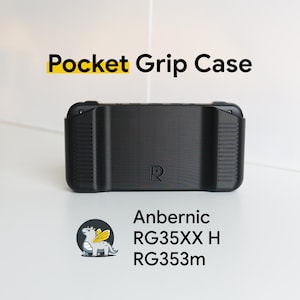 May include: Black Pocket Grip Case for Anbernic RG35XX H and RG353m handheld gaming consoles. The case is rectangular with a textured surface and a logo. The text "Pocket Grip Case" is displayed above the case.