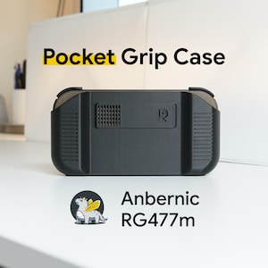 May include: A black Pocket Grip Case for the Anbernic RG477m handheld gaming device. The case has a textured surface with a vent and the letter "R" on the front. The case is designed to provide a secure grip and protection for the device.