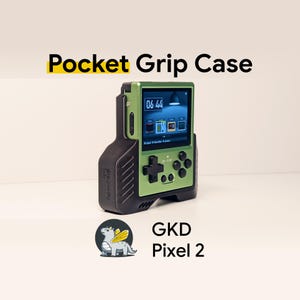 May include: A green and black handheld gaming console case labeled Pocket Grip Case and GKD Pixel 2. The device features a screen displaying 06:44, a directional pad, four action buttons, and a textured black grip handle on the left side.