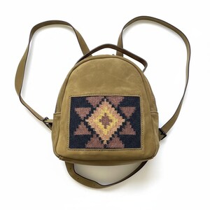 Suede Leather Mini Backpack, Hand Woven Wool Kilim Rucksack, Handmade Khaki Boho Backpack