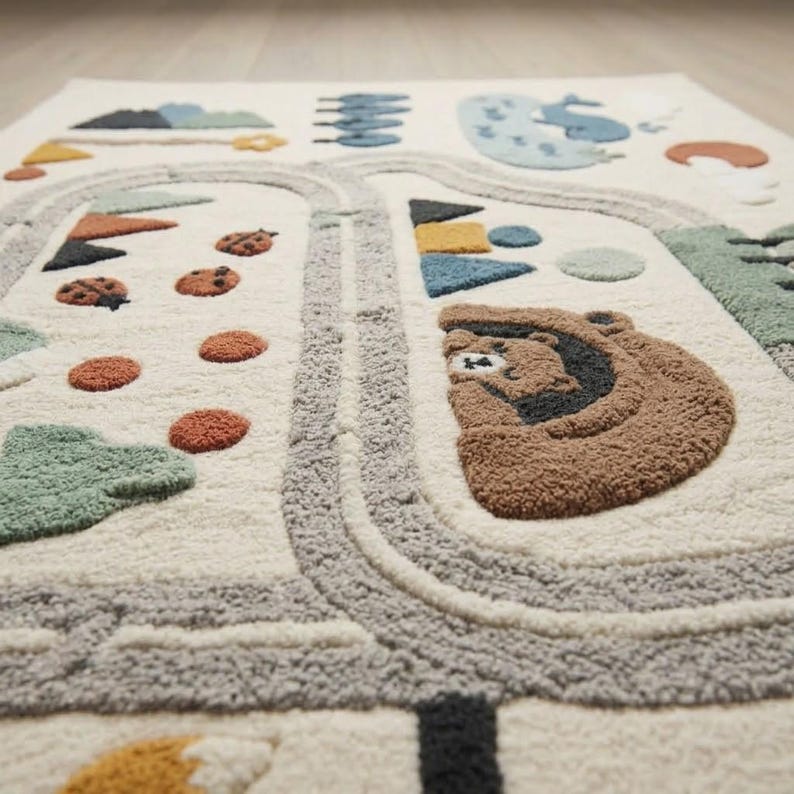 Puede incluir: Una alfombra de color crema con un dise&ntilde;o de camino sinuoso en gris texturizado. La alfombra incluye varios motivos en relieve como una cara de oso marr&oacute;n, mariquitas rojas, formas geom&eacute;tricas azules, una ballena y elementos de paisaje verdes.