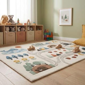 Puede incluir: Una alfombra rectangular con fondo color crema y un dise&ntilde;o de paisaje con relieve. La alfombra muestra un camino gris sinuoso, una ballena azul, &aacute;rboles verdes, flores amarillas, mariquitas y un oso pardo, decorada con veh&iacute;culos de juguete de madera.