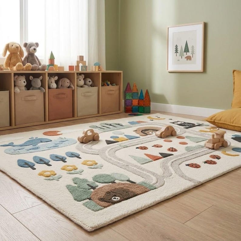 Puede incluir: Una alfombra rectangular con fondo color crema y un dise&ntilde;o de paisaje con relieve. La alfombra muestra un camino gris sinuoso, una ballena azul, &aacute;rboles verdes, flores amarillas, mariquitas y un oso pardo, decorada con veh&iacute;culos de juguete de madera.