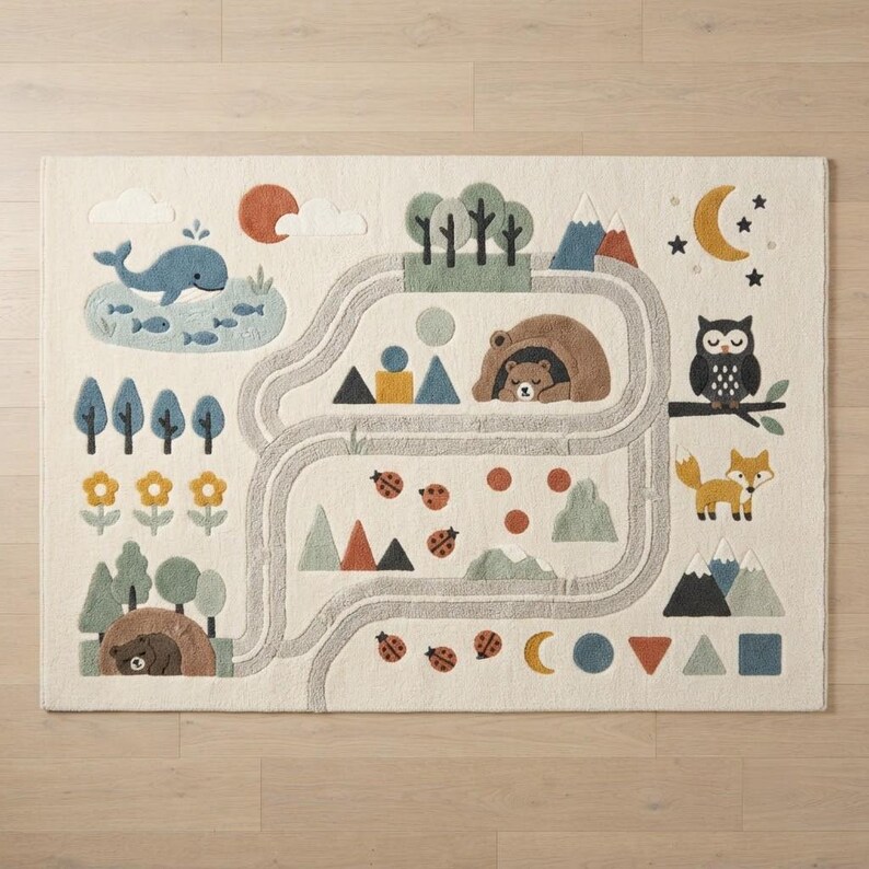 Puede incluir: Una alfombra rectangular con fondo crema que presenta un patr&oacute;n de carretera gris sinuosa. El dise&ntilde;o incluye una ballena azul, un oso pardo en una cueva, un oso durmiendo, un b&uacute;ho, un zorro, mariquitas, &aacute;rboles, monta&ntilde;as y formas geom&eacute;tricas.