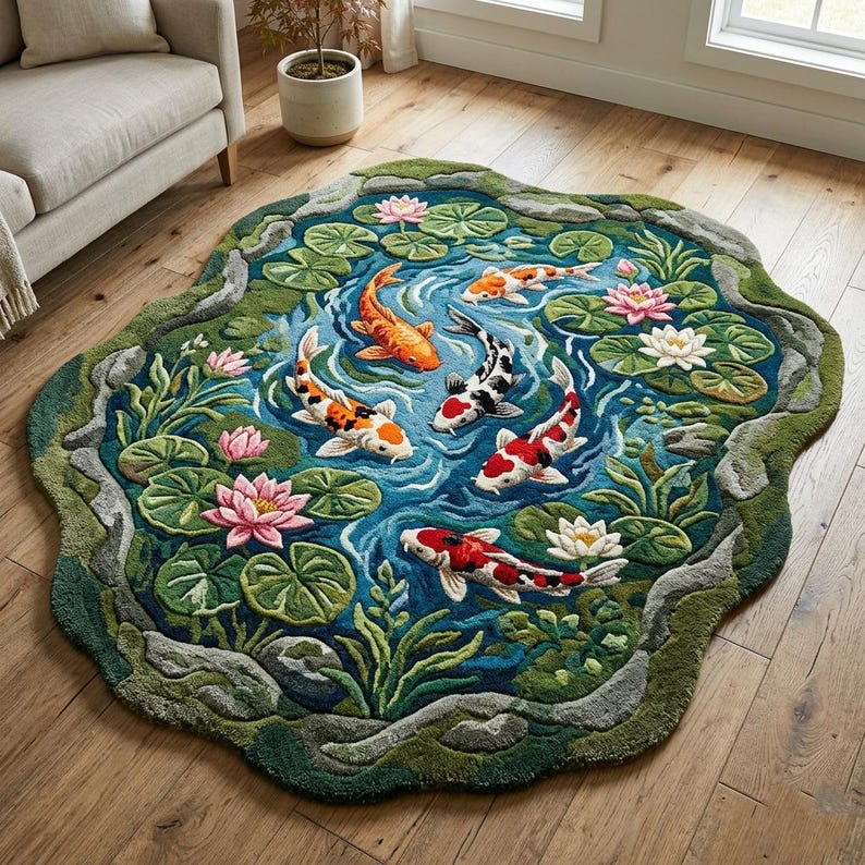 Pond/water Rug Hand Tufted Wool Area Rug Koi Pond Lily Modern Living Room Decor Plush ...