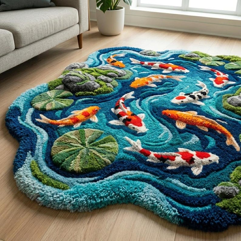 Hand Tufted Koi Pond Rug for Living Room, Organic Shape Nature Inspired ...