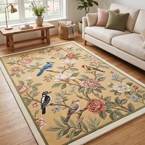 Alfombra de lana tejida a mano con estampado floral en tonos pastel para sala de estar. Decoración botánica vintage para sala de estar.