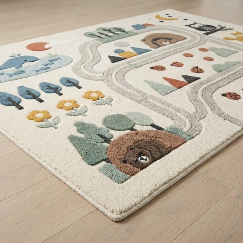 Puede incluir: Una alfombra de color crema con un dise&ntilde;o de relieve sobre la naturaleza que incluye un camino gris sinuoso, una ballena azul, flores amarillas, &aacute;rboles verdes, osos pardos en sus guaridas, mariquitas, un b&uacute;ho, una luna creciente y un sol.
