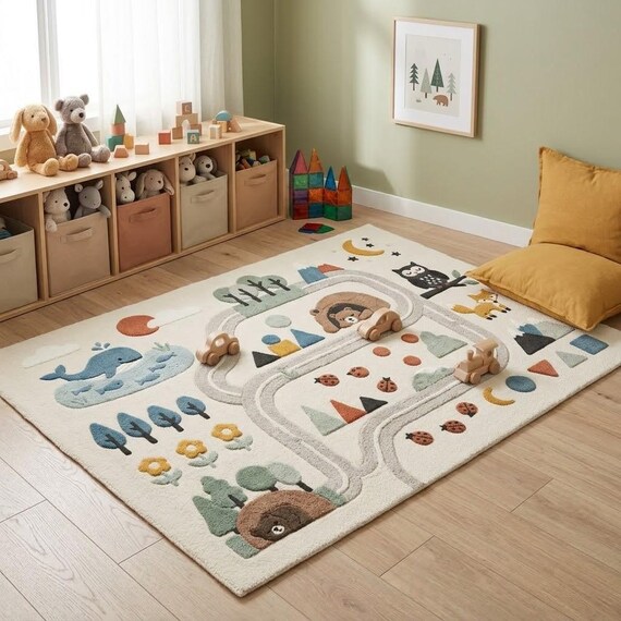 Kids Learning Rug, Woodland Animal Play Carpet, Hand Tufted Wool Nursery Area Rug