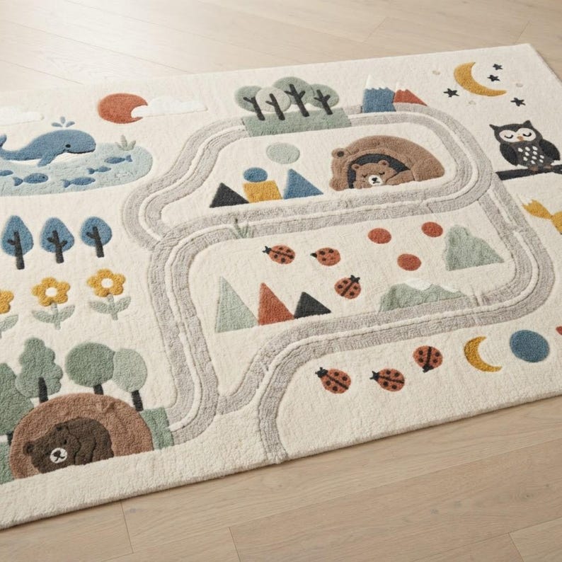 Puede incluir: Una alfombra rectangular con fondo blanco roto que presenta un patr&oacute;n de carretera gris sinuosa. El dise&ntilde;o incluye ilustraciones de una ballena, osos en cuevas, &aacute;rboles, monta&ntilde;as, mariquitas, flores, un b&uacute;ho y cuerpos celestes.