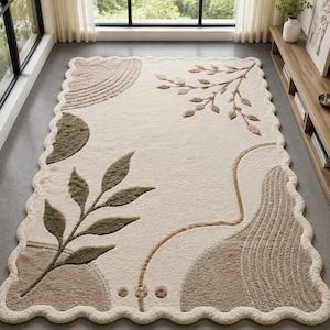 Alfombra botánica de lana tejida a mano, alfombra orgánica color beige con borde festoneado, decoración moderna para sala de estar.