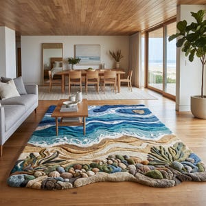 Op de afbeelding: Een rechthoekig vloerkleed met een gestructureerd, driedimensionaal ontwerp van een kustlandschap. Het kleed toont gelaagde tinten blauw voor de oceaan, wit voor de golven, beige voor het zandstrand en groen voor de kustvegetatie.