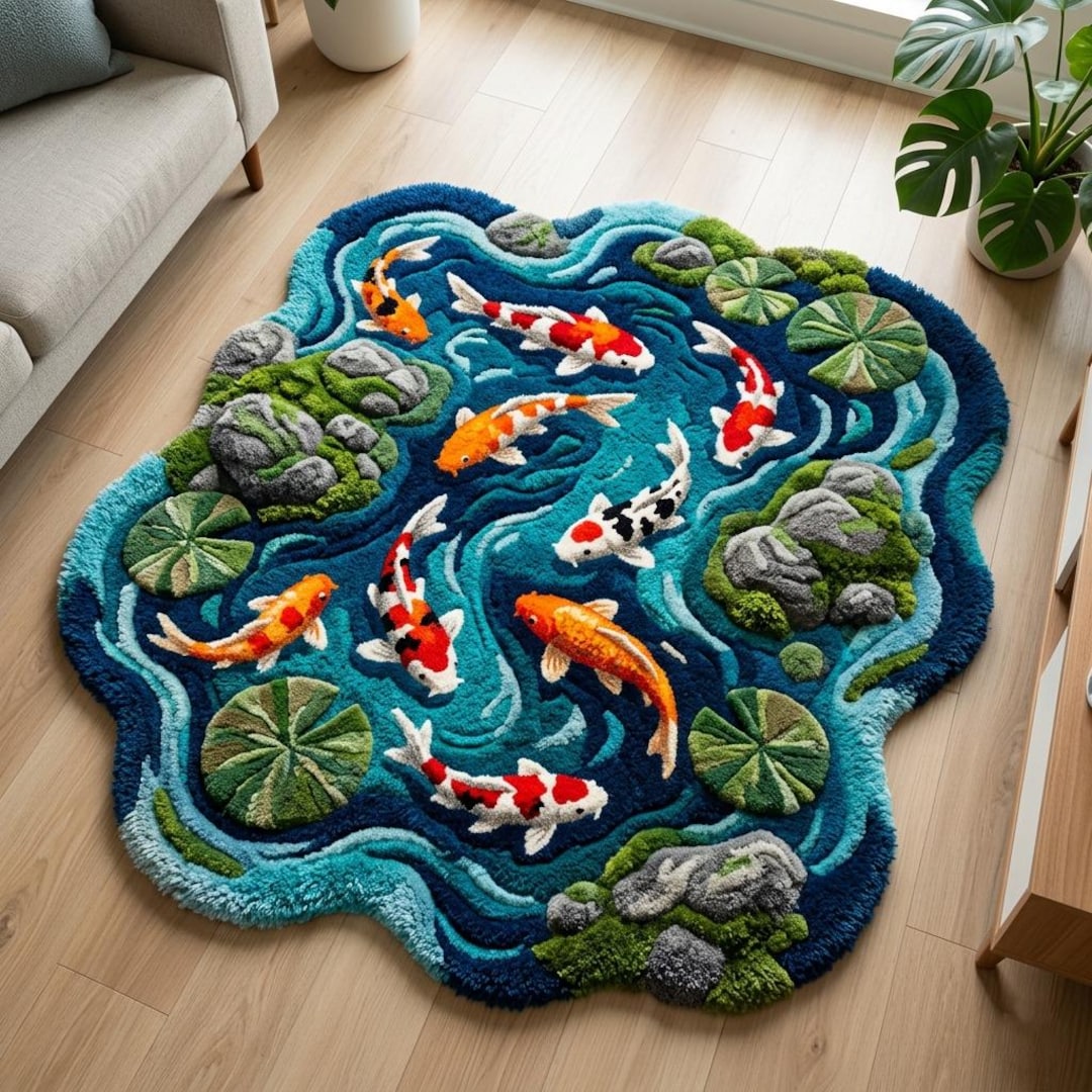 Pond Colors Rug Hand Tufted Koi Pond Rug for Living Room, Organic Shape Nature Inspired ...