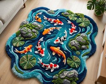 May include: A pond-shaped rug with a design of koi carp in orange, red, white, and black, swimming in blue water. The rug includes green lily pads and mossy rocks around the edges, creating a three-dimensional effect.
