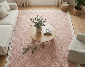 Hand Tufted Rug Wool Area Living Room Modern Plush Pink Wavy Pattern Carpet