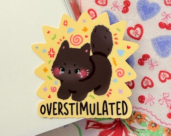 Overstimulated Cat Sticker | Kawaii Black Cat, Laptop Journal Water Bottle Vinyl Decal