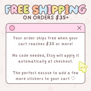 May include: A pink and white graphic with the text "FREE SHIPPING ON ORDERS $35+". The text is in a playful font. The image also includes a pink rectangle with text about free shipping.