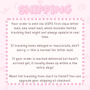 May include: A pink and white graphic with the word "SHIPPING" in bubble letters. The text explains the shipping process, including USPS first class letter mail and tracking updates.