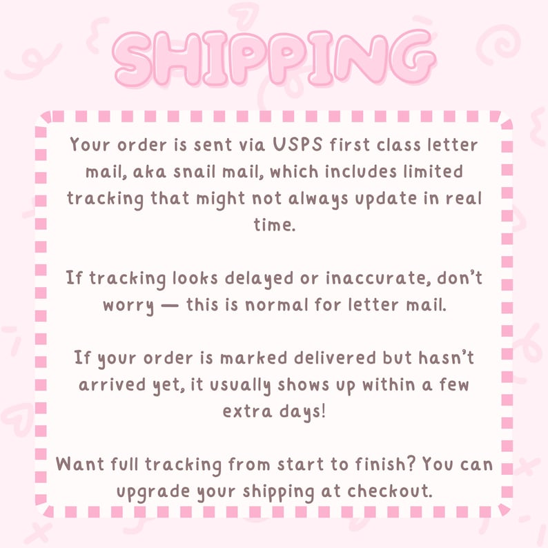 May include: A pink and white graphic with the word "SHIPPING" in bubble letters. The text explains the shipping process, including USPS first class letter mail and tracking updates.