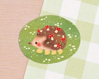 Pegatina de erizo con setas – Calcomanía de naturaleza estilo cottagecore con animales del bosque