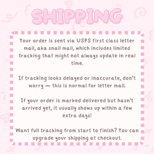 May include: A pink and white graphic with the word "SHIPPING" in bubble letters. The text explains the shipping process, including USPS first class letter mail and tracking updates. It also mentions upgrading shipping.