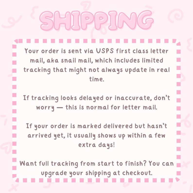 May include: A pink and white graphic with the word "SHIPPING" in bubble letters. The text explains the shipping process, including USPS first class letter mail and tracking updates. It also mentions upgrading shipping.