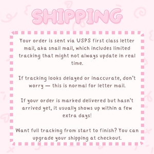 Puede incluir: Gr&aacute;fico rosa y blanco con la palabra "SHIPPING" en letras de burbujas. El texto explica el proceso de env&iacute;o, incluido el correo de primera clase de USPS y las actualizaciones de seguimiento.