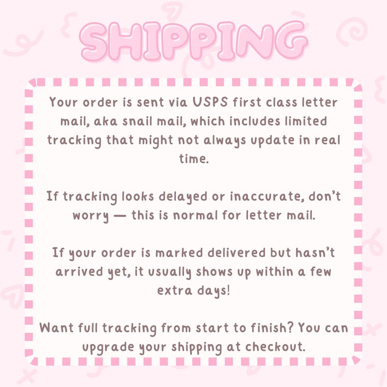 Puede incluir: Gr&aacute;fico rosa y blanco con la palabra "SHIPPING" en letras de burbujas. El texto explica el proceso de env&iacute;o, incluido el correo de primera clase de USPS y las actualizaciones de seguimiento.