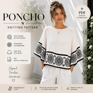 Poncho Knitting Pattern PDF | Top Down Knit Poncho | Floral Colorwork Poncho | Women's Knit Wrap | One Size | Digital Download
