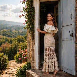Puede incluir: Una mujer con un top crema con hombros descubiertos y una falda larga de crochet calado. El conjunto se sitúa sobre un fondo de un edificio de piedra con una puerta azul, rodeado de vegetación y flores. La escena evoca una estética rústica y bohemia.