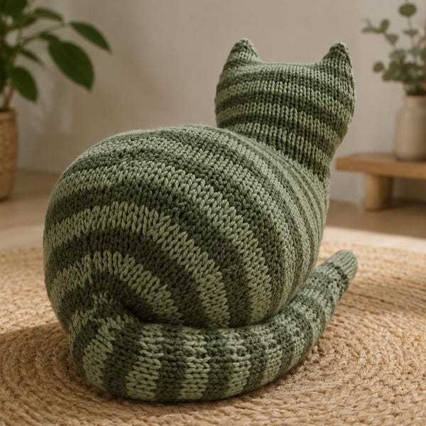 Cute Knitted Cat Pattern PDF, Stuffed Cat Plush Knitting Tutorial, DIY Cat Pillow Toy, Handmade Kitty Decor, Instant Download