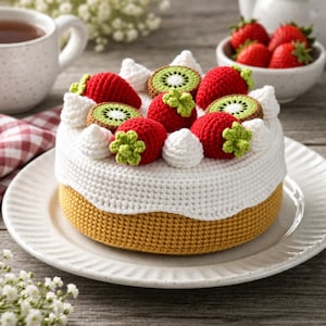 Puede incluir: Un pastel tejido a ganchillo con glaseado blanco, base amarilla y decoraciones de fresas y kiwi rojos. El pastel está sobre un plato blanco, con una taza de té y un cuenco de fresas en el fondo.