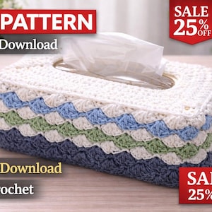May include: A rectangular, crocheted tissue box cover in shades of white, blue, green, and navy. The cover has a scalloped design and a central oval opening for tissue dispensing. The text "PDF PATTERN" and "Instant Download" are visible.