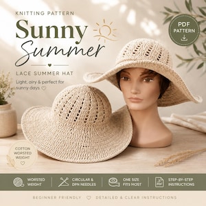 Peut inclure: Un modèle de tricot pour un chapeau d'été en dentelle Sunny Summer. L'image montre deux chapeaux en crochet beige avec un large bord et des détails en maille ajourée. Un chapeau est sur une tête de mannequin, l'autre est devant. Texte : PDF PATTERN.