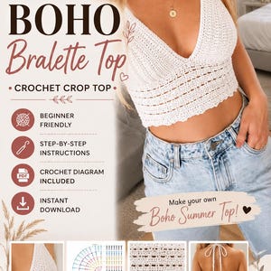 Peut inclure: Un haut bralette en crochet blanc avec une encolure en V et des détails en dentelle. L'image contient le texte : CROCHET PATTERN PDF, BOHO Bralette Top, CROCHET CROP TOP, BEGINNER FRIENDLY, STEP-BY-STEP INSTRUCTIONS, CROCHET DIAGRAM INCLUDED.