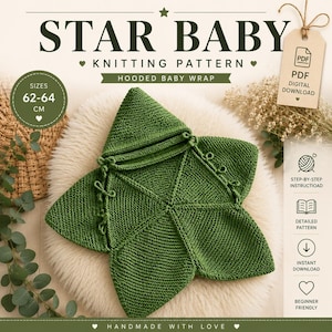 Può includere: Una copertina avvolgente per neonati a forma di stella, lavorata a maglia in verde con una texture a legaccio. Il modello è intitolato STAR BABY KNITTING PATTERN HOODED BABY WRAP, indica taglie 62-64 cm e un download digitale in PDF.