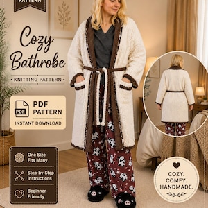 Pode incluir: Um padrão de tricô para um roupão de manga comprida na cor creme com bordas castanho-escuras, um cinto a condizer e dois bolsos frontais. O documento inclui o texto: Knitting Pattern, Cozy Bathrobe, PDF Pattern, Instant Download.