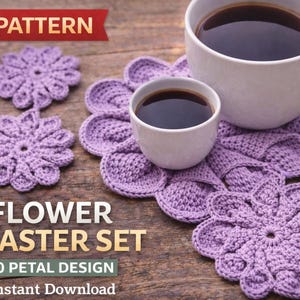 Crochet Hot Pad & Coaster Pattern PDF | Flower Crochet Set | 10 Petal Floral Motif | Kitchen Decor | Instant Download