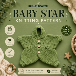 May include: A green knitted baby garment shaped like a star with a hood and three wooden buttons. The text reads BABY STAR KNITTING PATTERN, COZY & SOFT HANDMADE, MADE WITH LOVE, SIZES 0-12 MONTHS, EASY TO FOLLOW, DETAILED STEP-BY-STEP INSTRUCTIONS WITH PHOTOS.