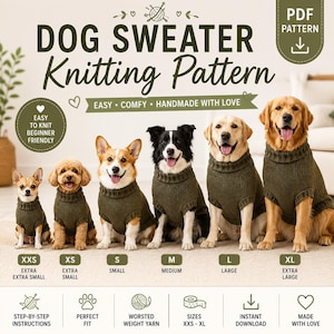 Peut inclure: Un patron de tricot PDF numérique pour pull pour chien, avec le texte DOG SWEATER Knitting Pattern. L'image montre six chiens de races et tailles différentes, portant chacun un pull en tricot vert olive identique avec un col côtelé.