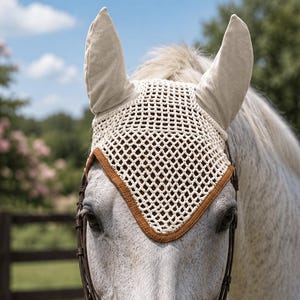 Peut inclure: Gros plan d'un cheval gris portant un bonnet anti-mouches beige. Le bonnet a des protège-oreilles et un motif en filet crocheté avec une bordure marron. Le cheval est devant un arrière-plan flou d'arbres et d'une clôture en bois.