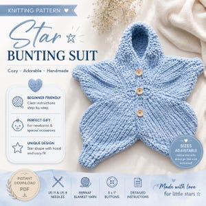 Puede incluir: Un traje de punto en forma de estrella de color azul claro con capucha y tres botones de madera. El texto dice: KNITTING PATTERN, Star BUNTING SUIT, BEGINNER FRIENDLY, PERFECT GIFT, UNIQUE DESIGN, SIZES ADJUSTABLE, INSTANT DOWNLOAD PDF, US 11 & US 8 NEEDLES.